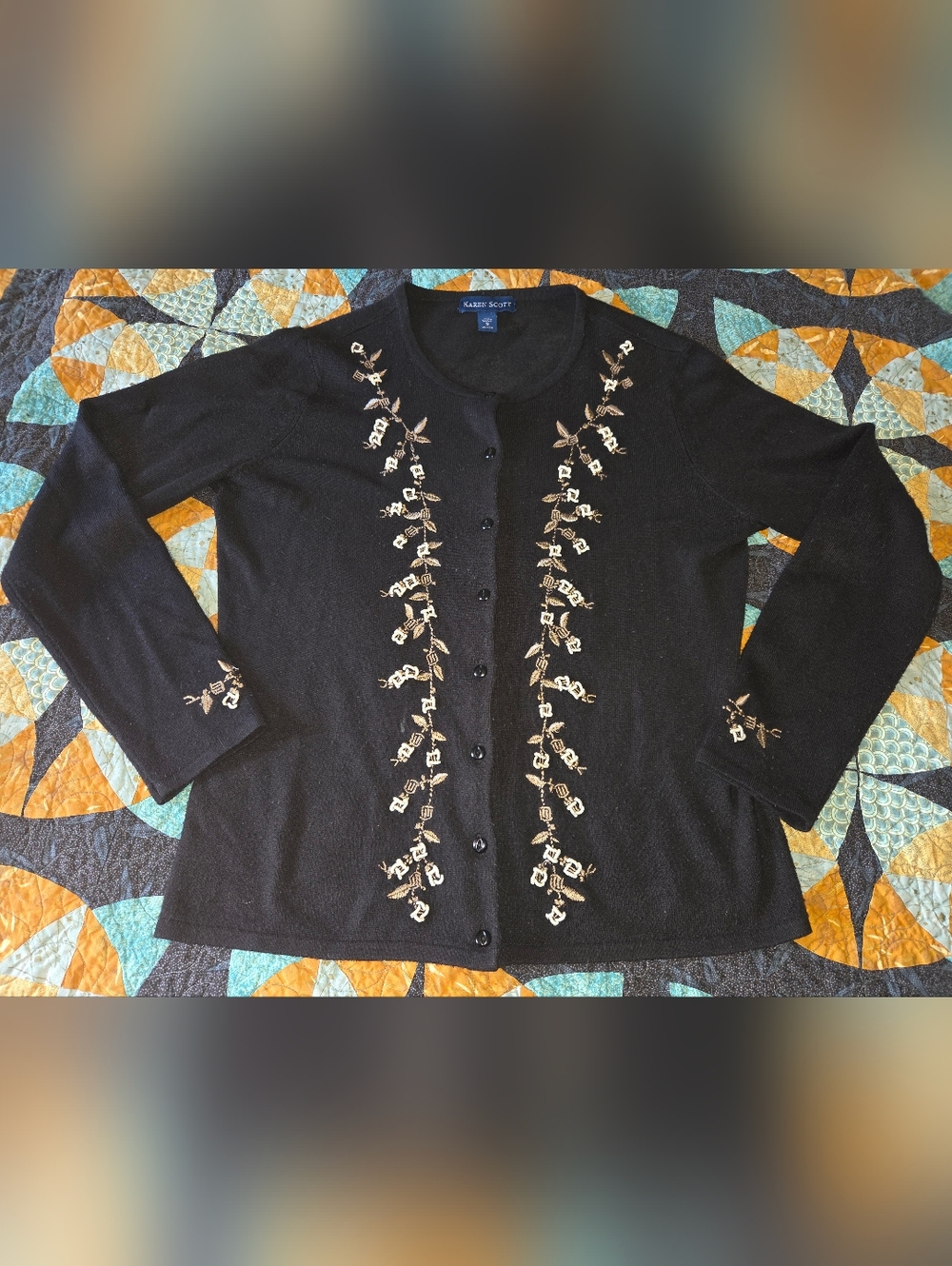 Women's Karen Scott Black Cardigan with Gold Floral Embroidery Size Small